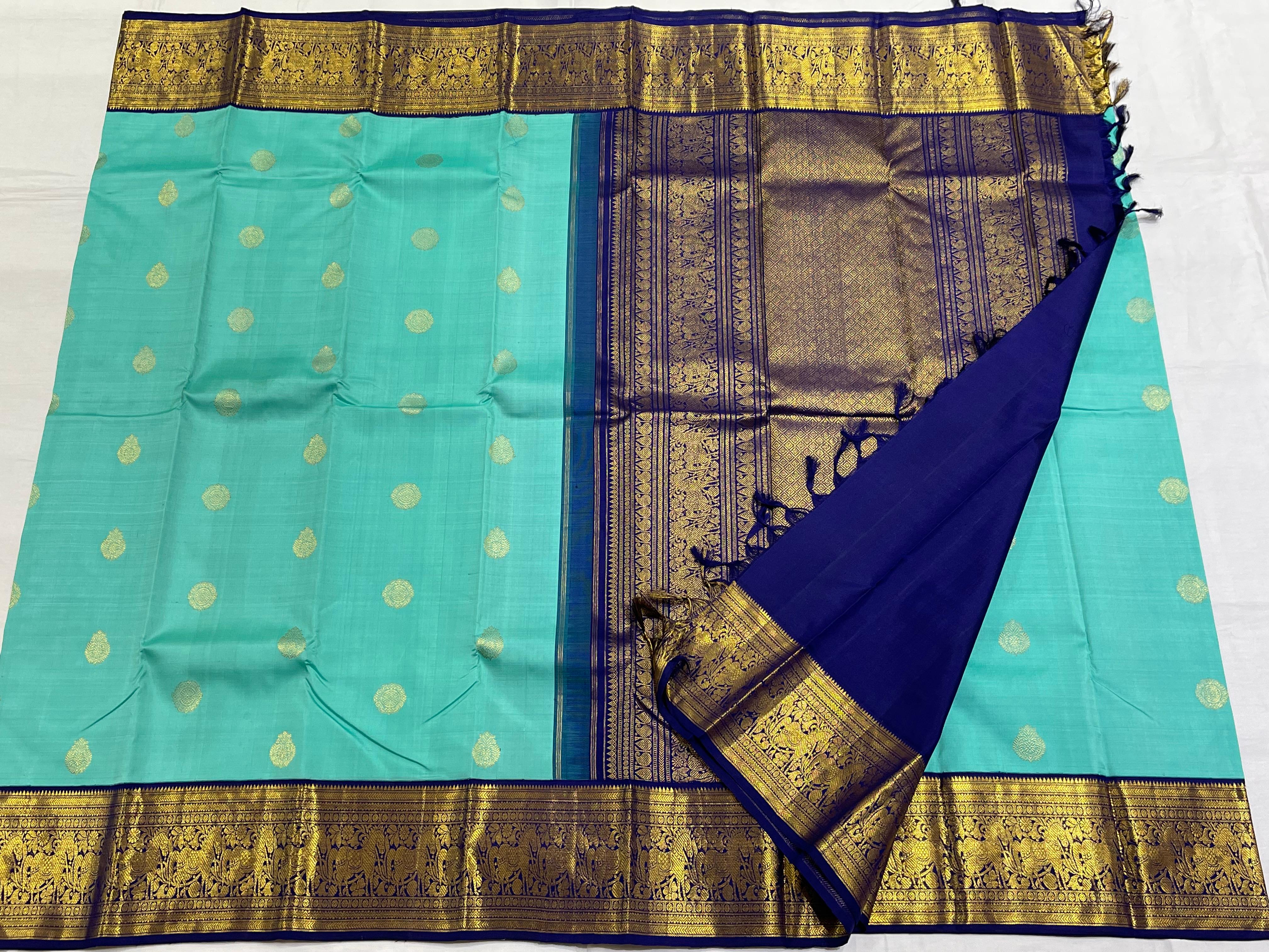 SKY BLUE/NAVY BLUE BORDER COMBITION PURE KANCHI SILK SAREE