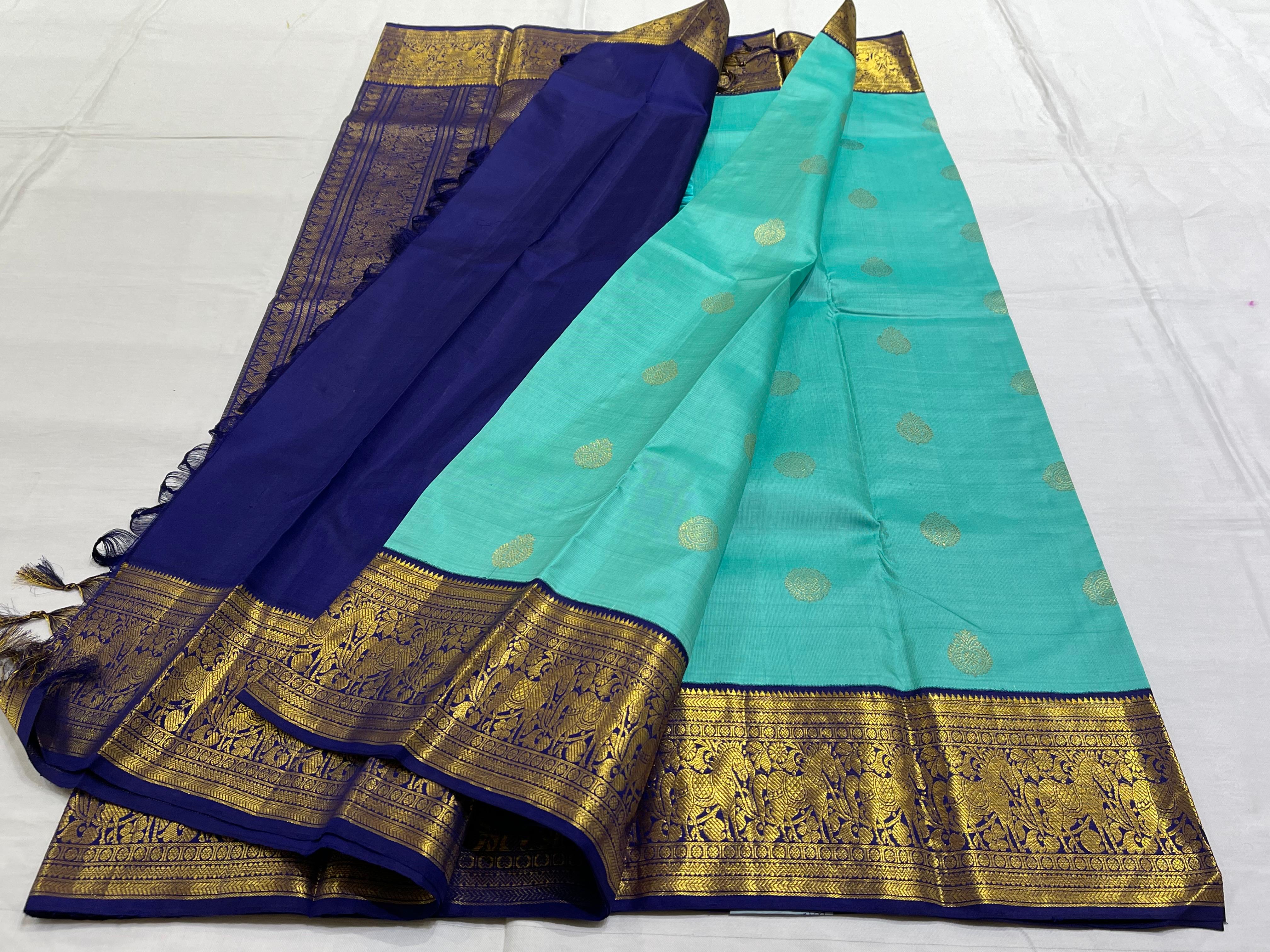 SKY BLUE/NAVY BLUE BORDER COMBITION PURE KANCHI SILK SAREE