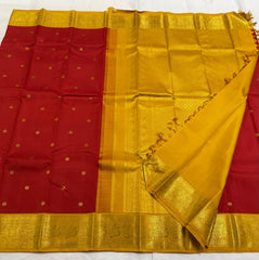 RED/MUSTARD YELLOW BORDER COMBITION PURE KANCHI SILK SAREE