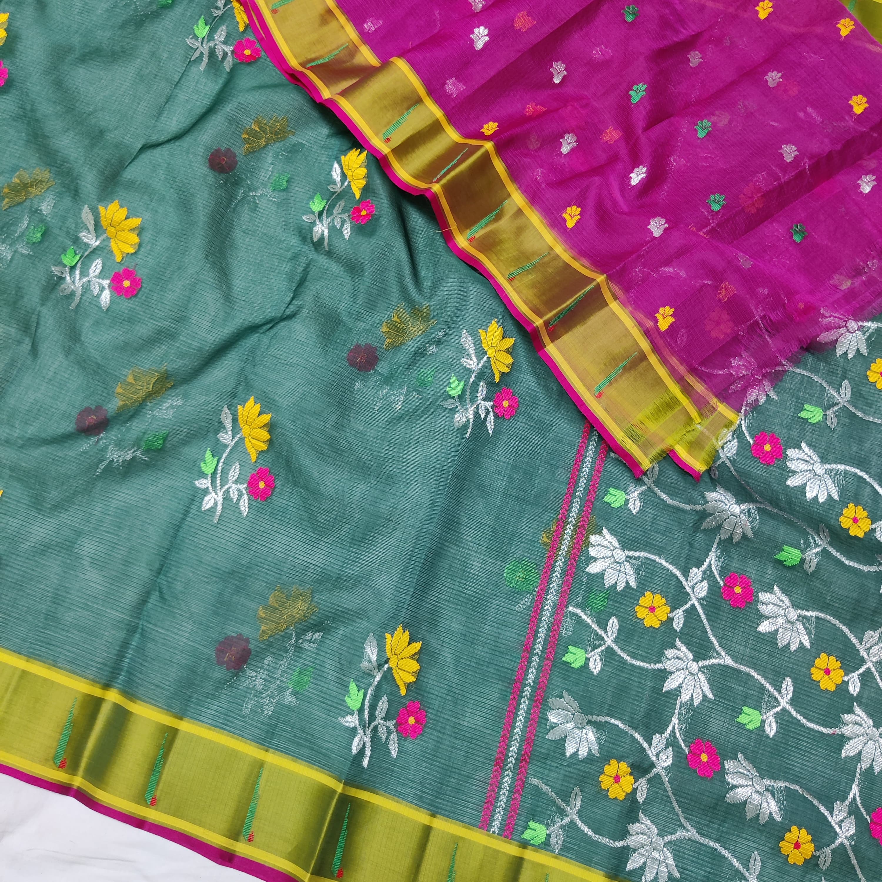 BOTTLE GREEN/MEHANDI GREEN  ZARI KOTA SAREE