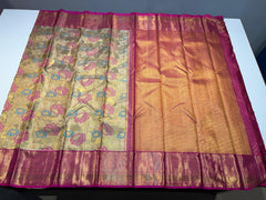 GOLD/SILVER/PINK  COLOUR  ZARI BORDER COMBITION PURE KANCHI SILK SAREE