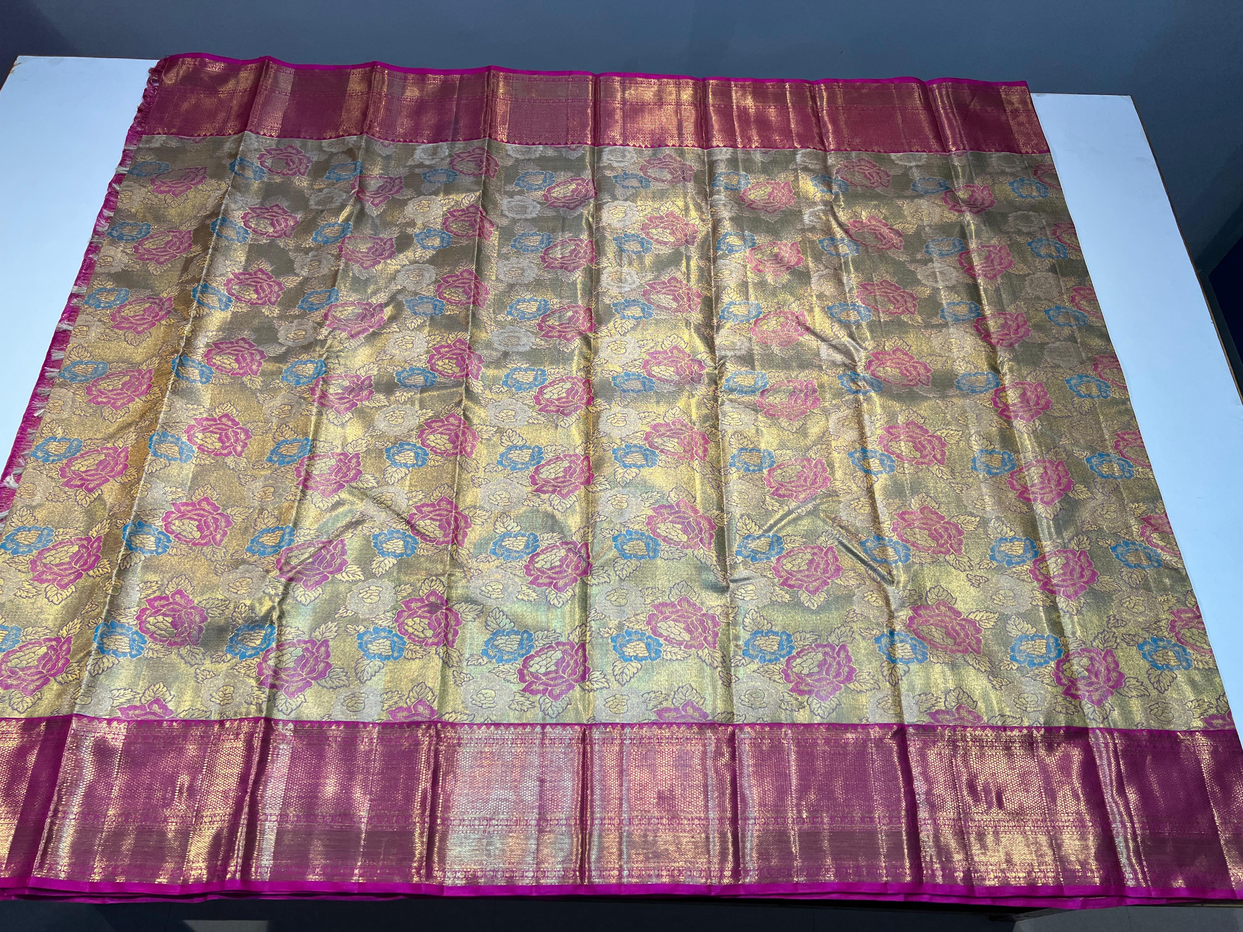 GOLD/SILVER/PINK  COLOUR  ZARI BORDER COMBITION PURE KANCHI SILK SAREE