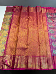 GOLD/SILVER/PINK  COLOUR  ZARI BORDER COMBITION PURE KANCHI SILK SAREE