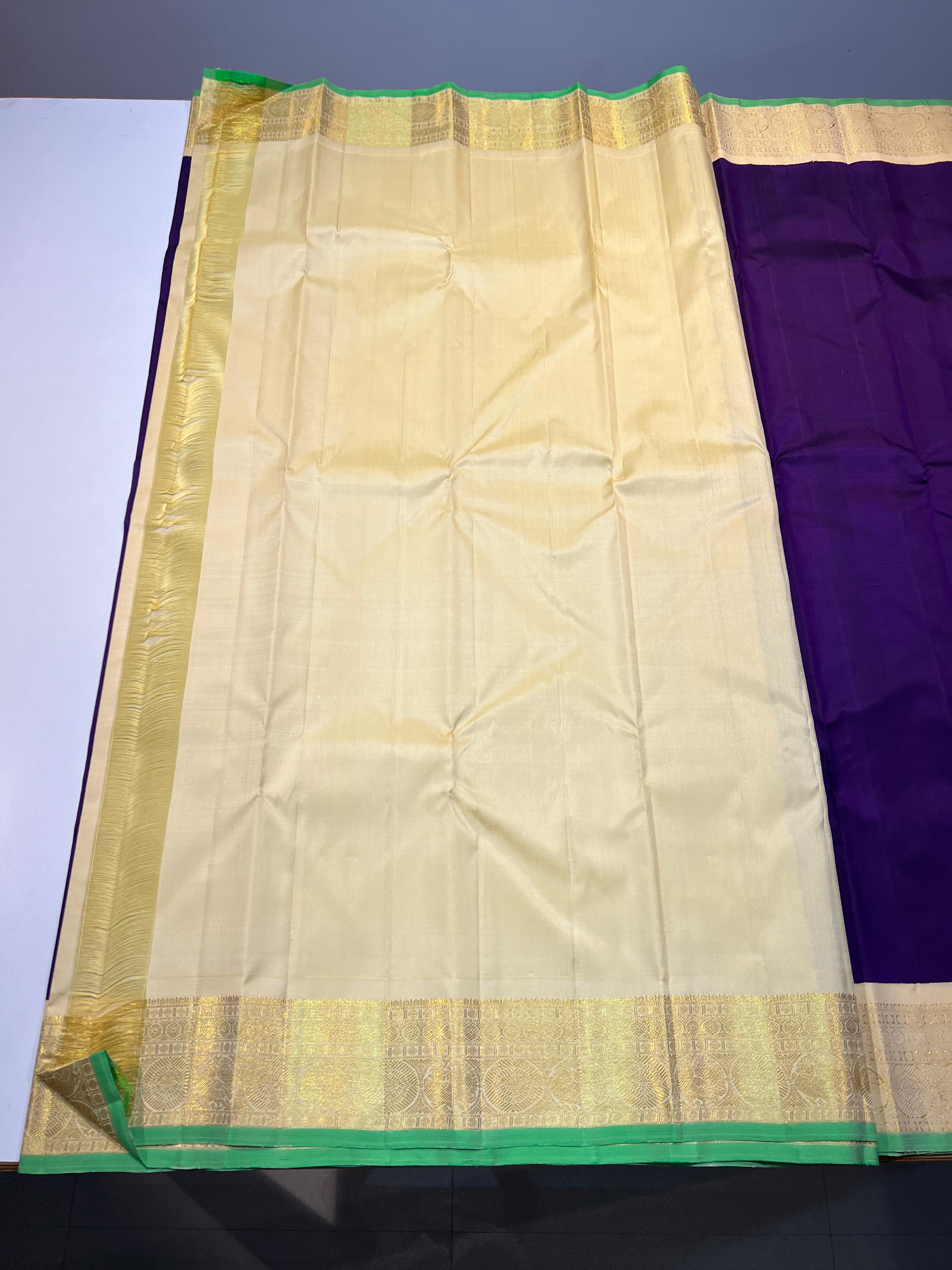 VOILET/CREAM  COLOUR  ZARI BORDER COMBITION PURE KANCHI SILK SAREE