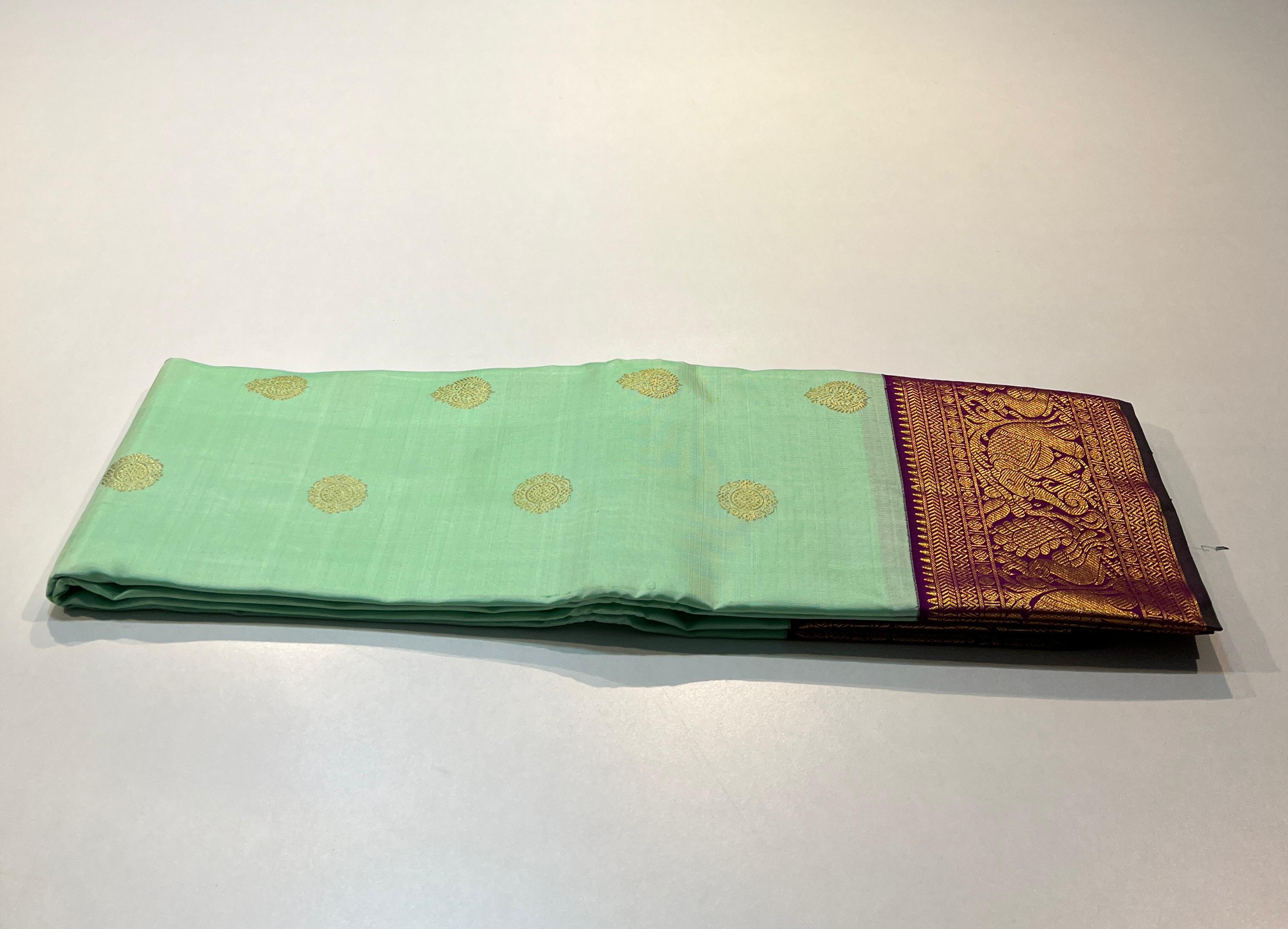 PASTEL GREEN/PURPLE COLOUR  ZARI BORDER COMBITION PURE KANCHI SILK SAREE