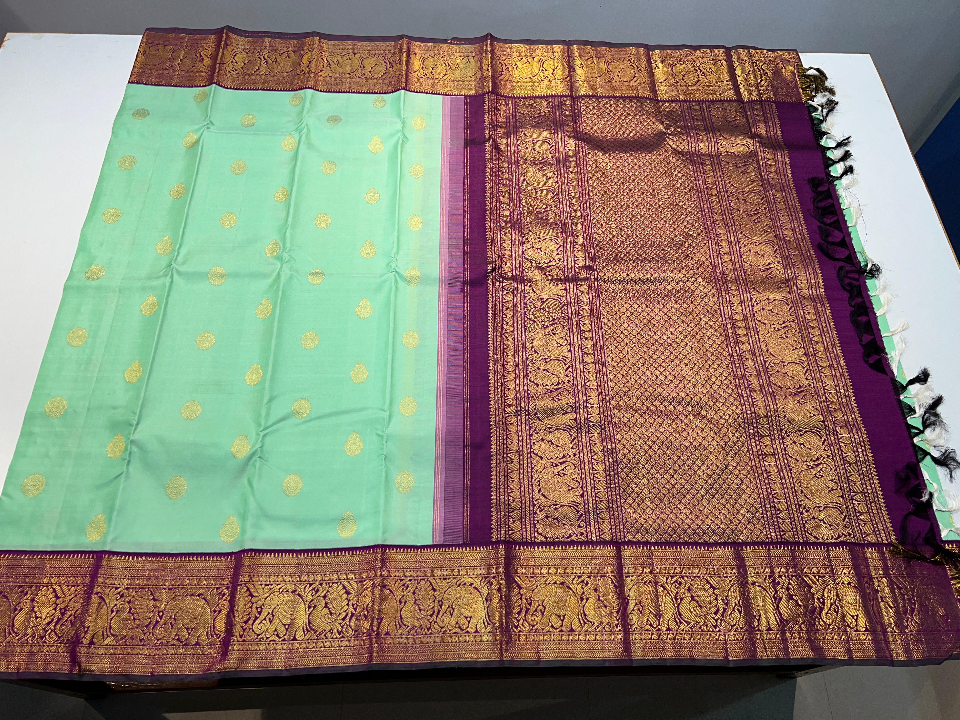 PASTEL GREEN/PURPLE COLOUR  ZARI BORDER COMBITION PURE KANCHI SILK SAREE