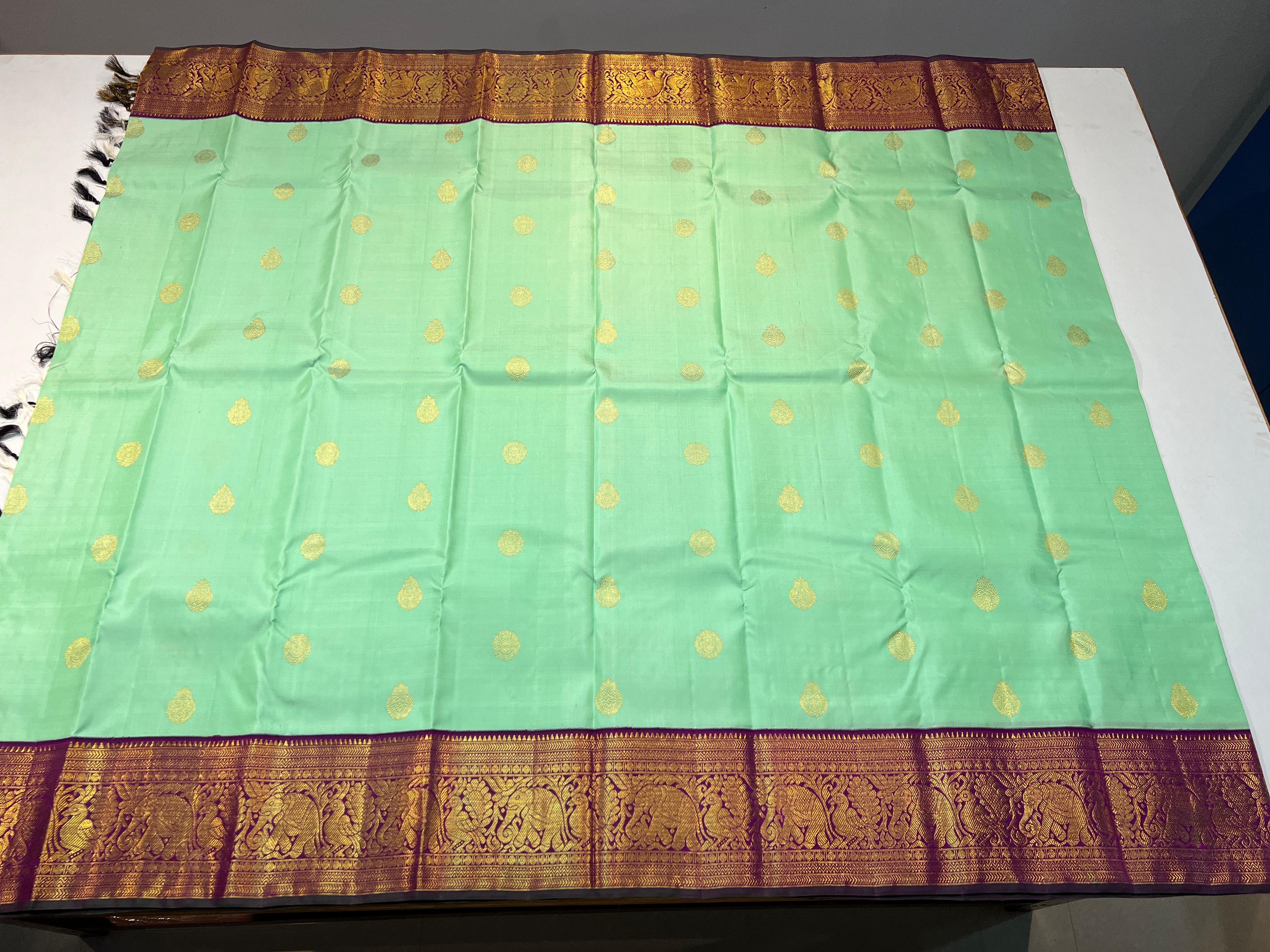 PASTEL GREEN/PURPLE COLOUR  ZARI BORDER COMBITION PURE KANCHI SILK SAREE