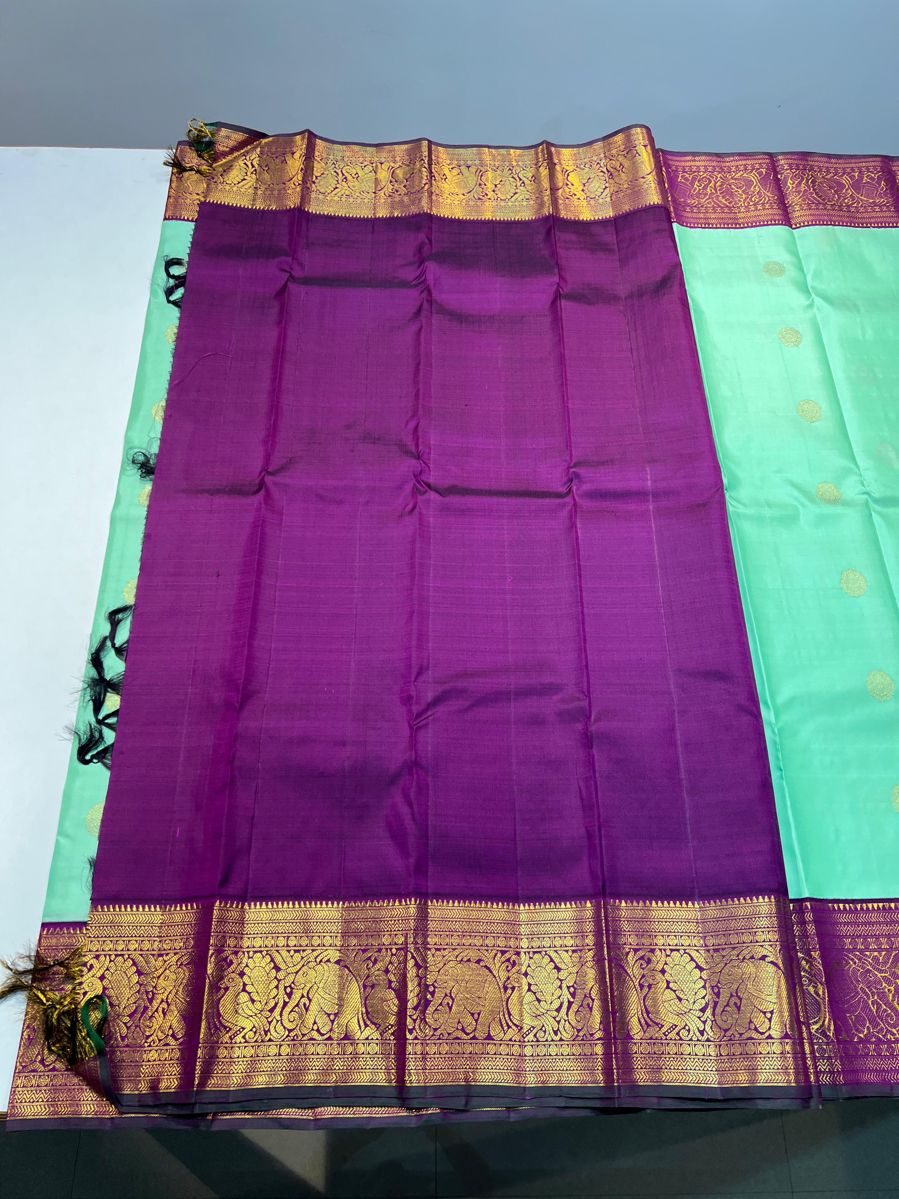 PASTEL GREEN/PURPLE COLOUR  ZARI BORDER COMBITION PURE KANCHI SILK SAREE