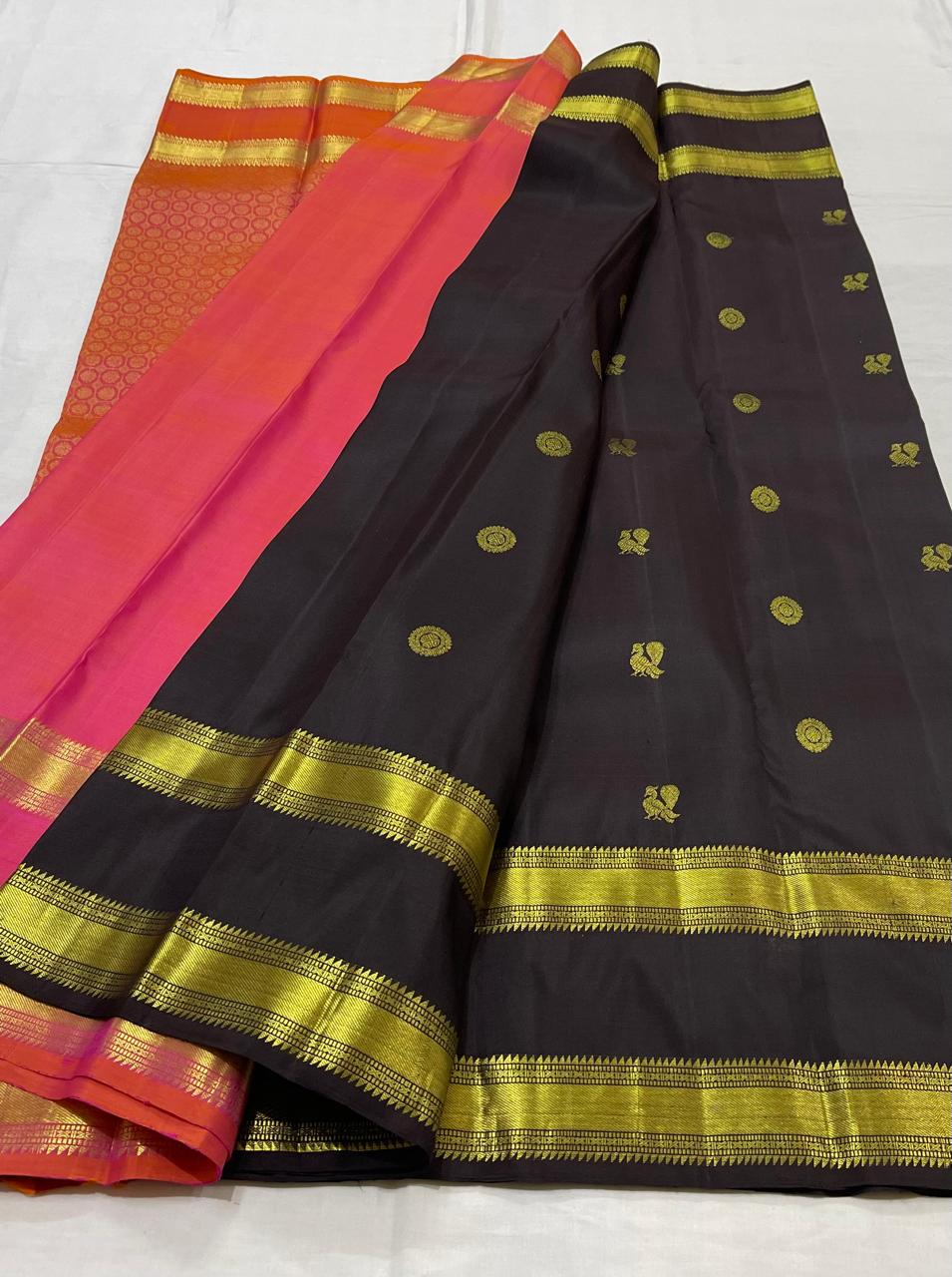 BLACK/PINK  BORDER COMBITION PURE KANCHI SILK SAREE