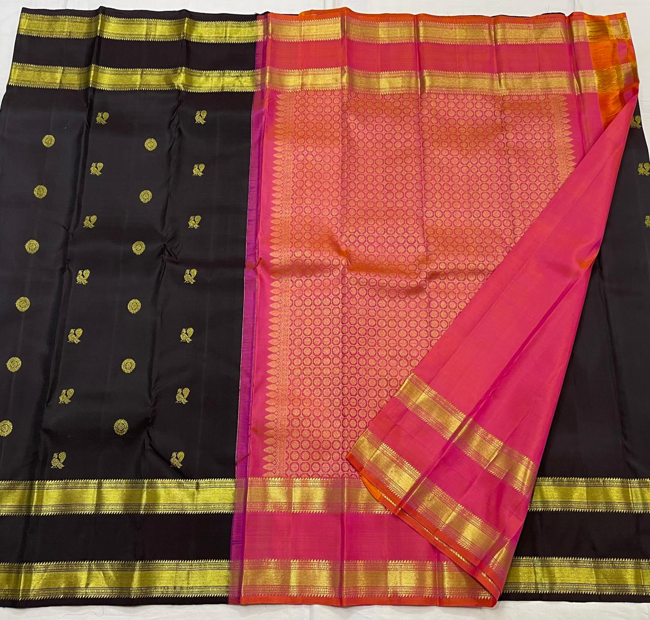 BLACK/PINK  BORDER COMBITION PURE KANCHI SILK SAREE