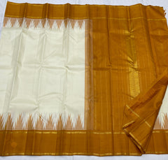 CREAM/MUSTURD YELLOW BORDER COMBITION PURE KANCHI SILK SAREE