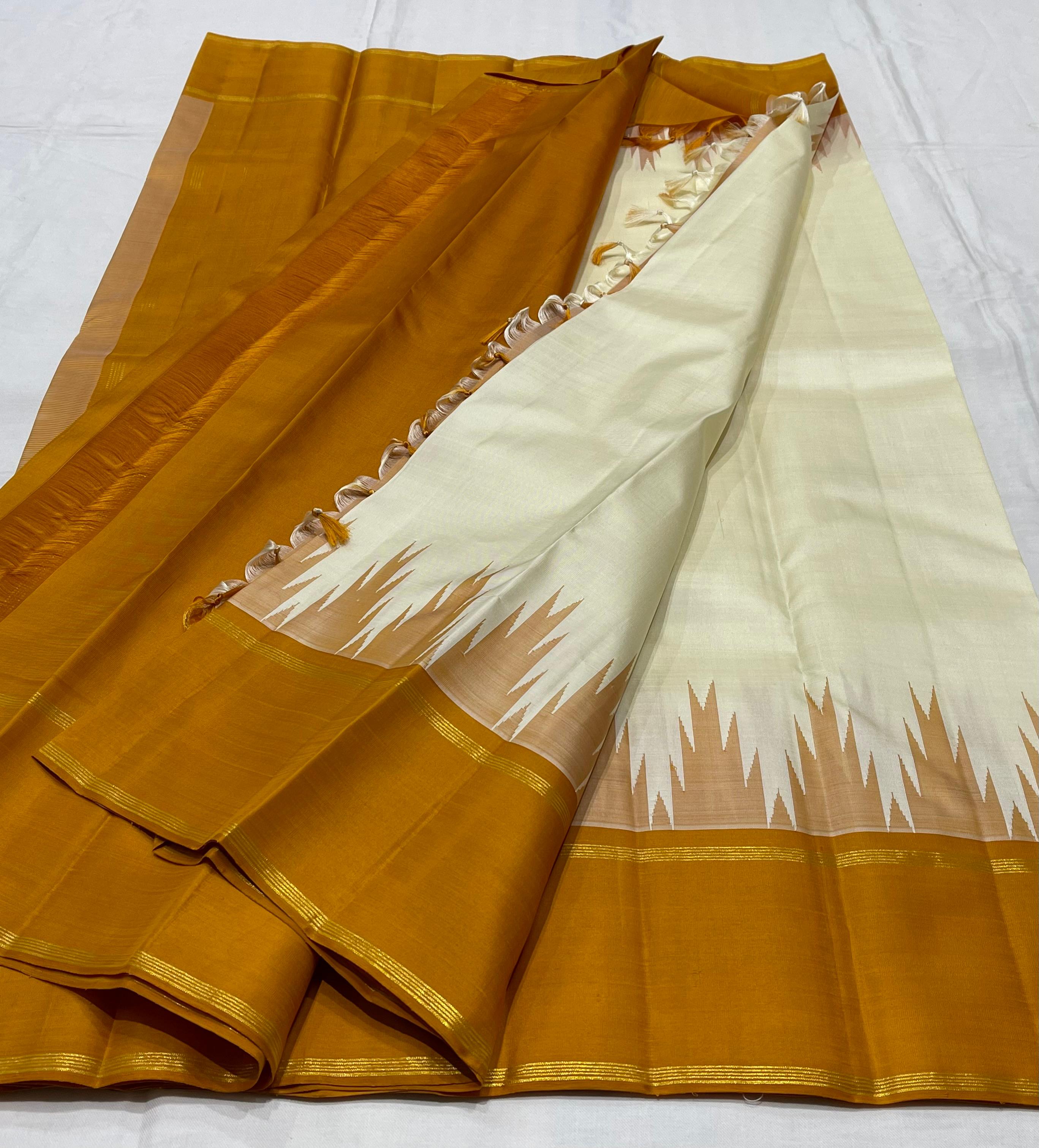 CREAM/MUSTURD YELLOW BORDER COMBITION PURE KANCHI SILK SAREE