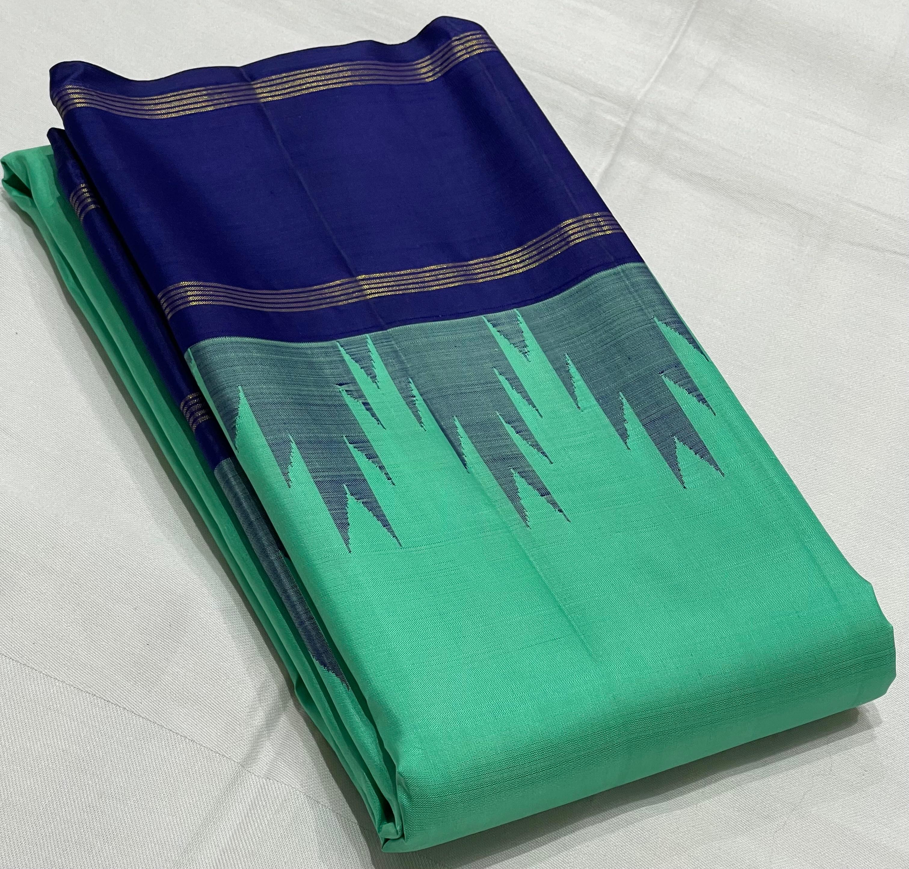 SKY BLUE/NAVY BLUE BORDER COMBITION PURE KANCHI SILK SAREE