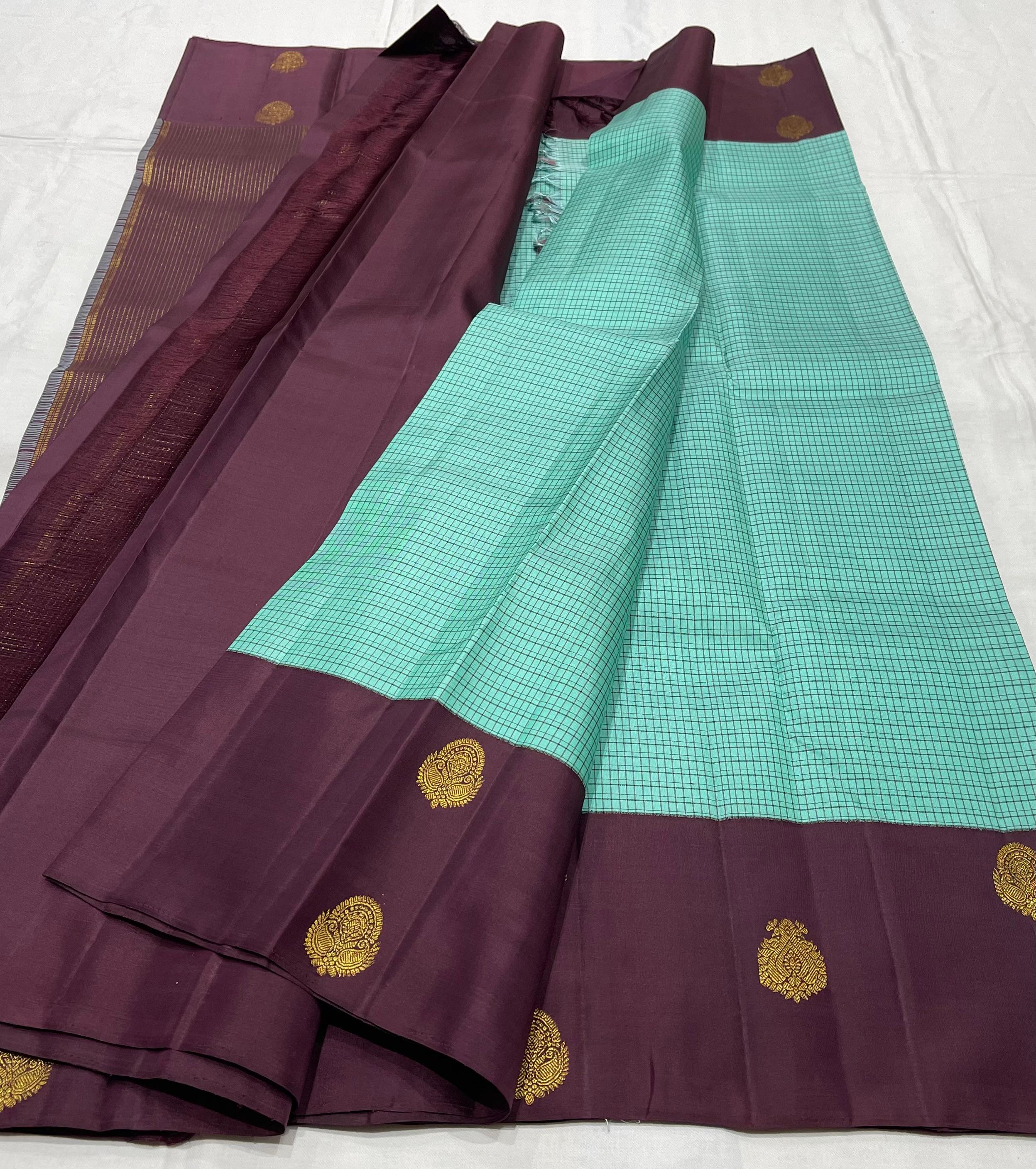 SKY BLUE/MAROON  BORDER COMBITION PURE KANCHI SILK SAREE