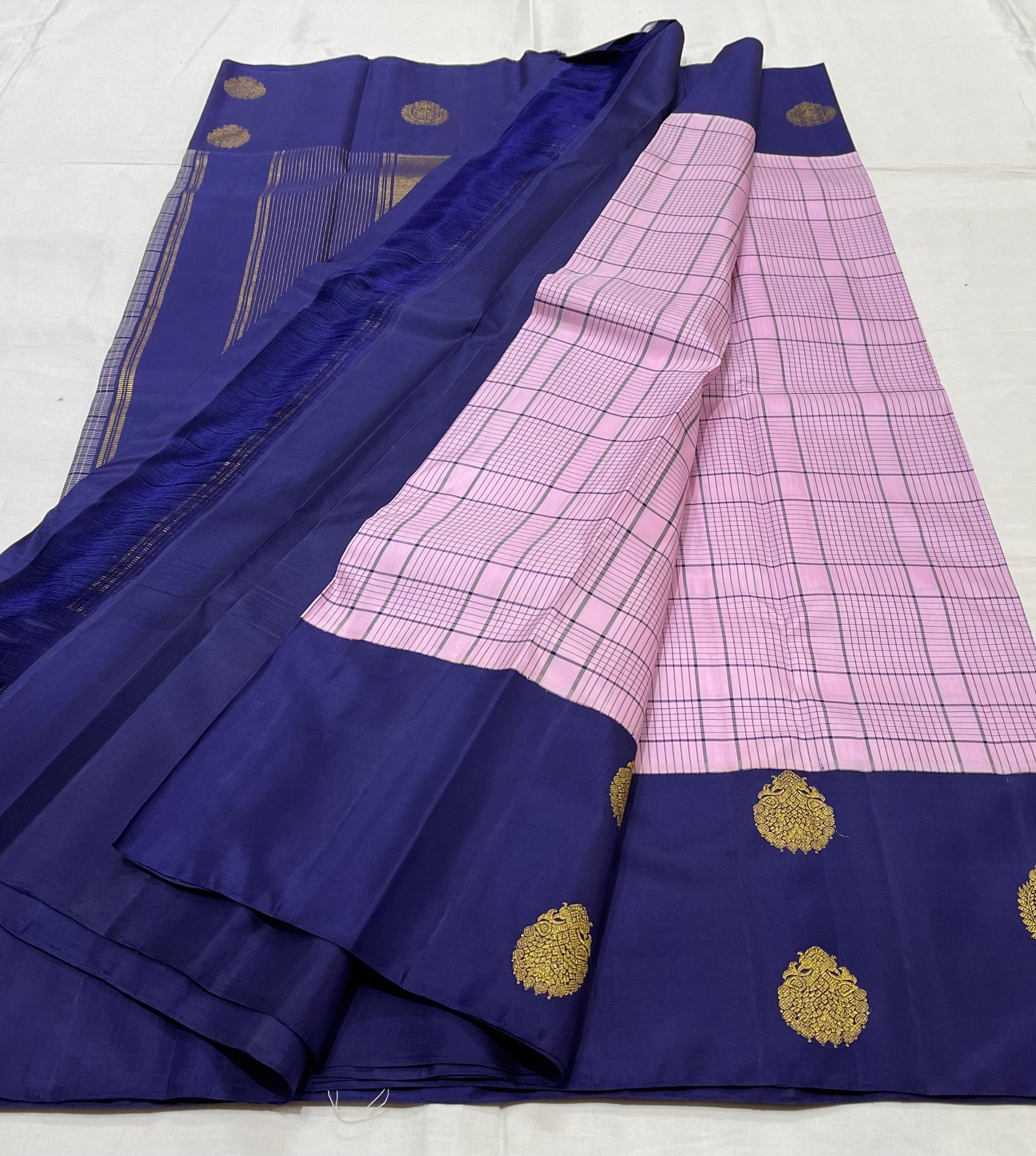 BABY PINK/NAVY BLUE  BORDER COMBITION PURE KANCHI SILK SAREE