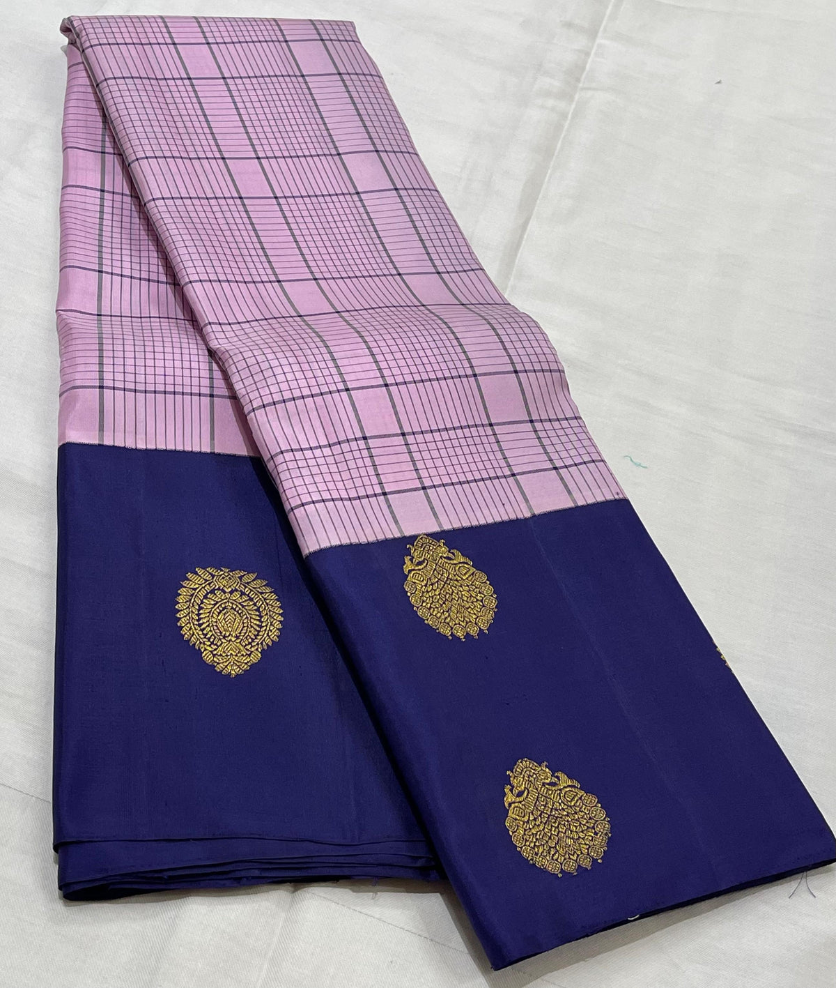 BABY PINK/NAVY BLUE  BORDER COMBITION PURE KANCHI SILK SAREE