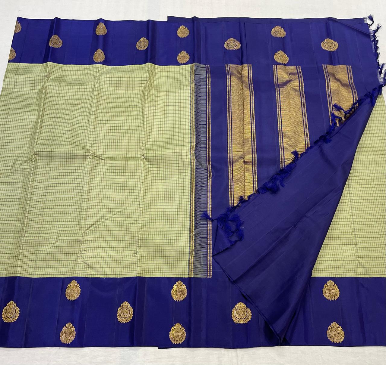 CREAM/NAVY BLUE  BORDER COMBITION PURE KANCHI SILK SAREE