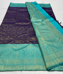 NAVY BLUE/TURQUISE BLUE  BORDER COMBITION PURE KANCHI SILK SAREE