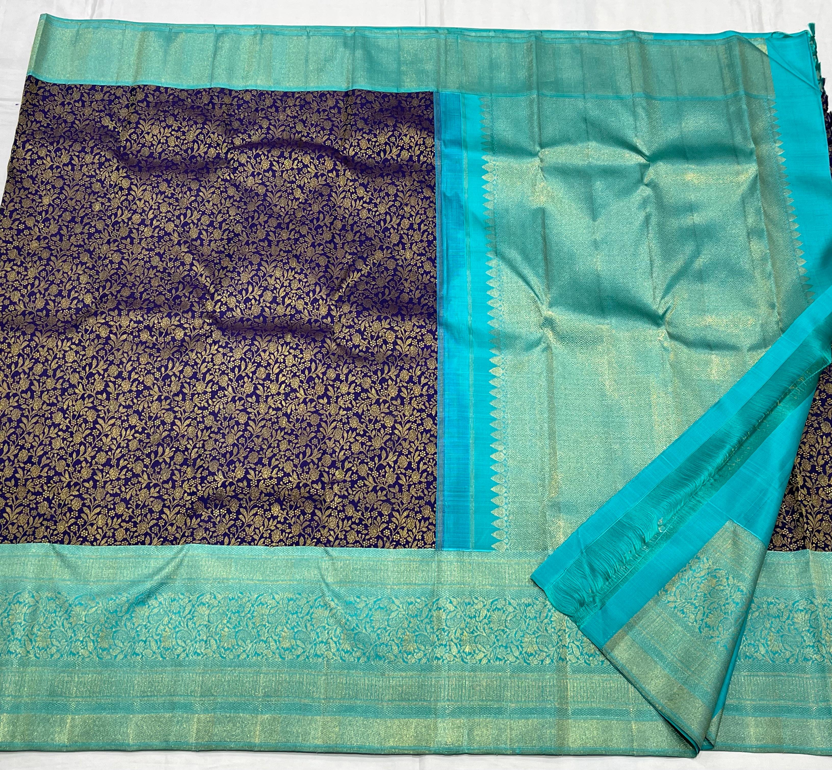 NAVY BLUE/TURQUISE BLUE  BORDER COMBITION PURE KANCHI SILK SAREE