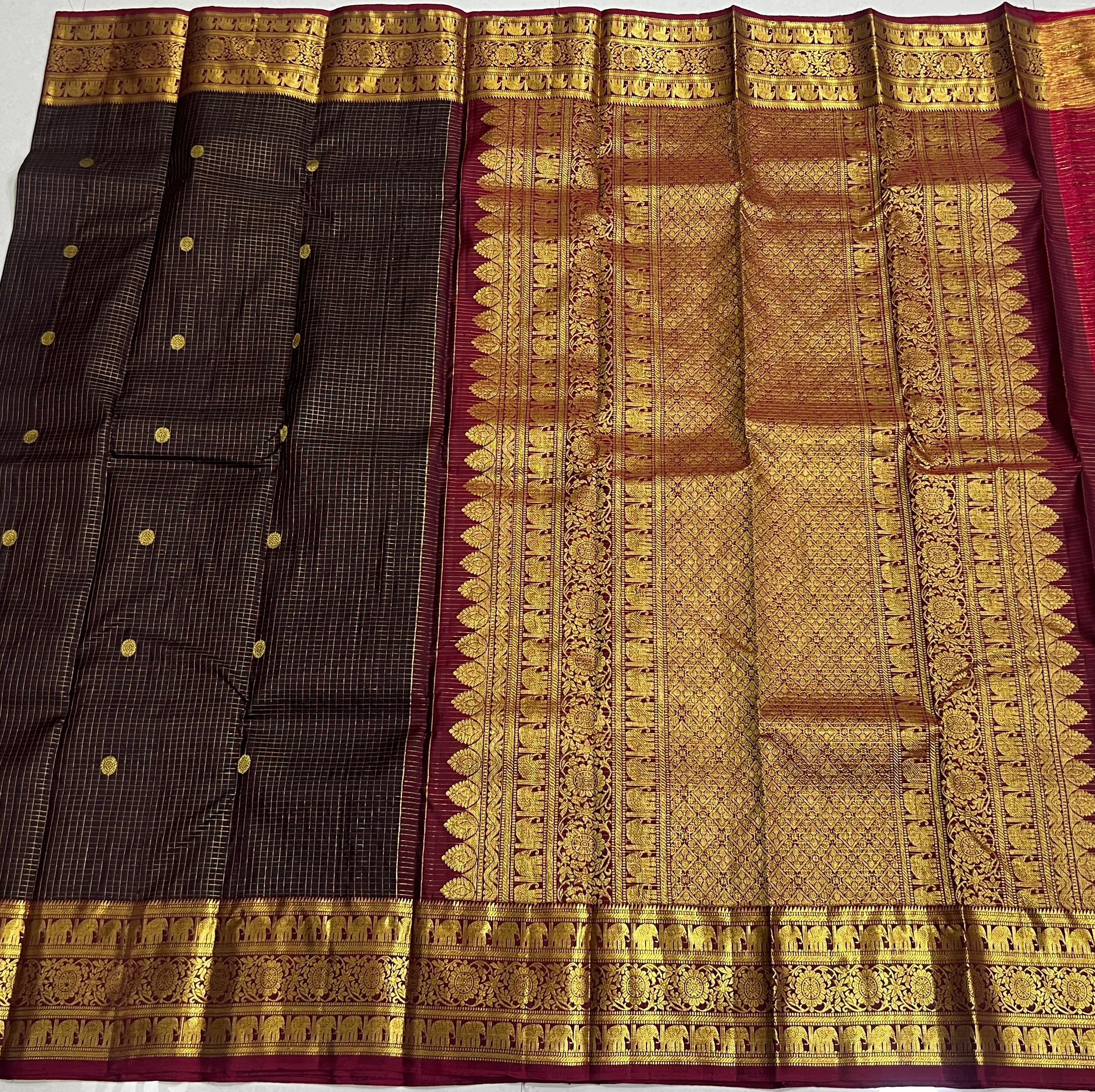 BROWN/MAROON  BORDER COMBITION PURE KANCHI SILK SAREE