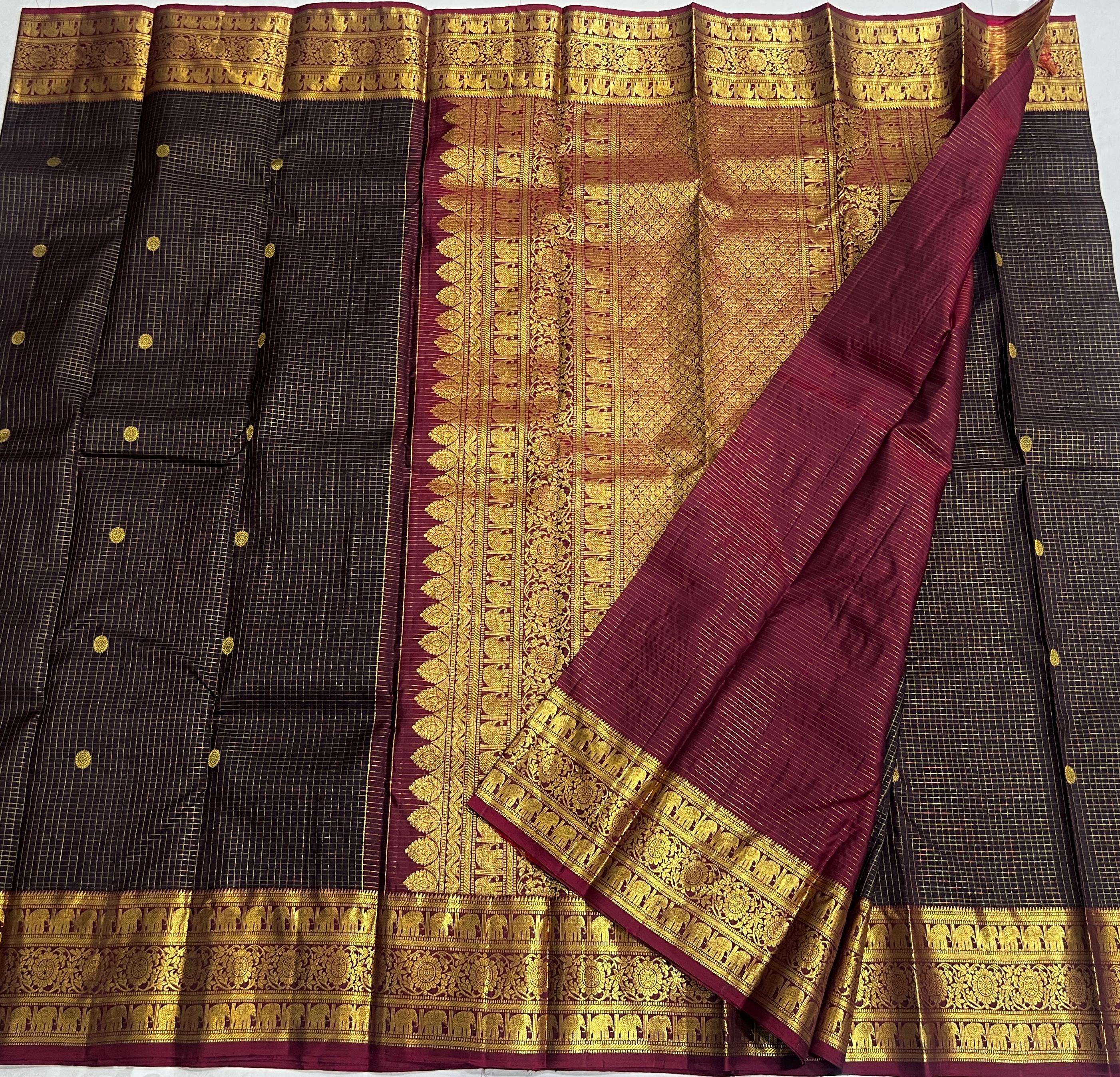 BROWN/MAROON  BORDER COMBITION PURE KANCHI SILK SAREE