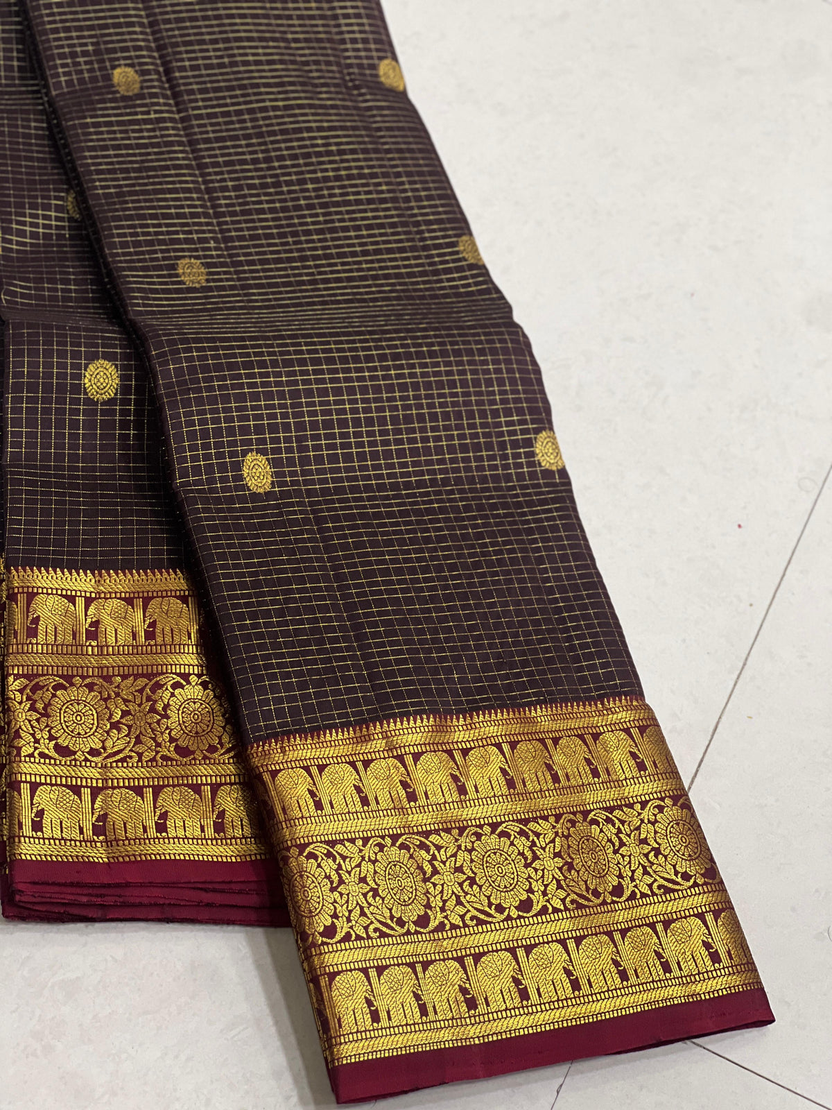 BROWN/MAROON  BORDER COMBITION PURE KANCHI SILK SAREE