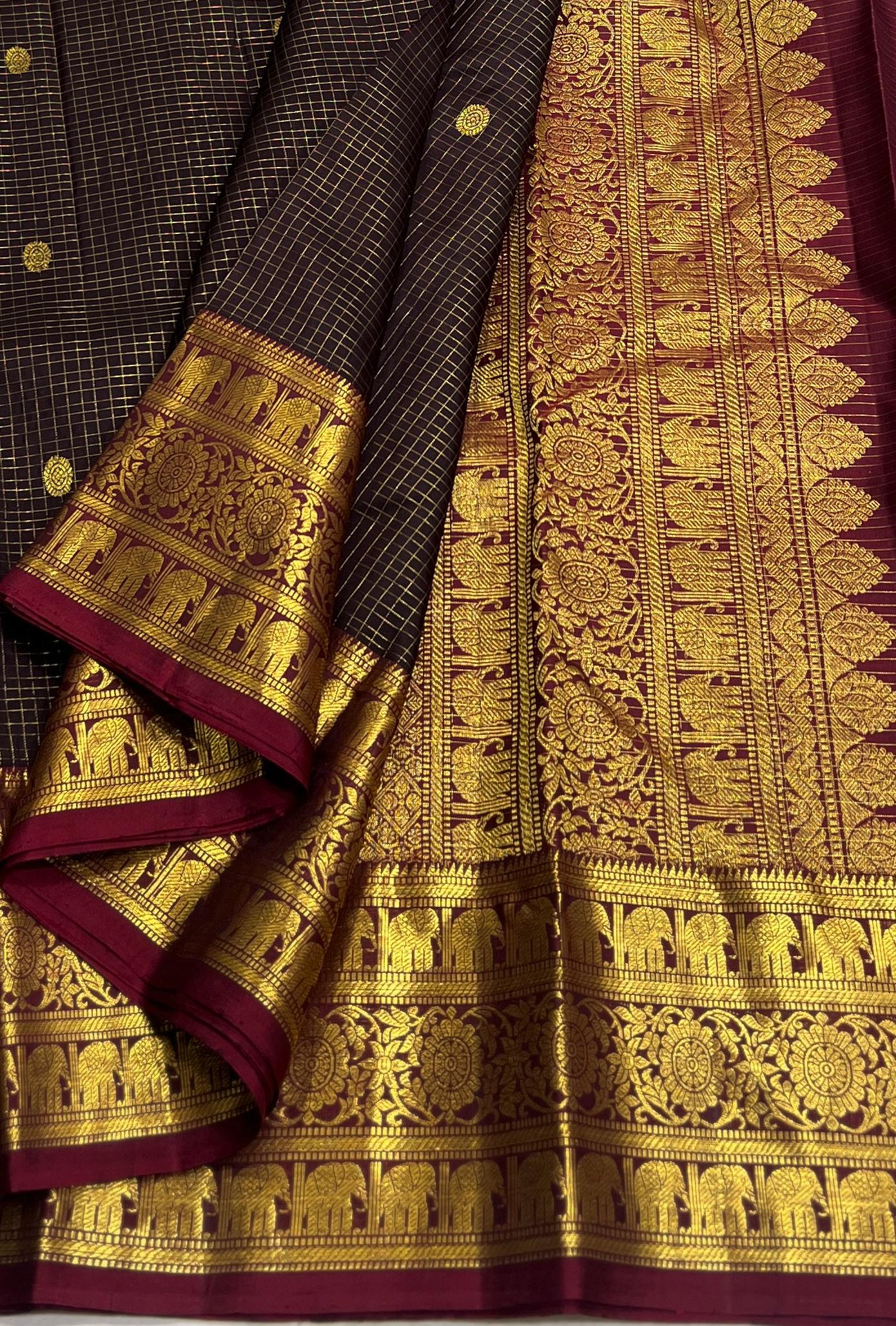 BROWN/MAROON  BORDER COMBITION PURE KANCHI SILK SAREE