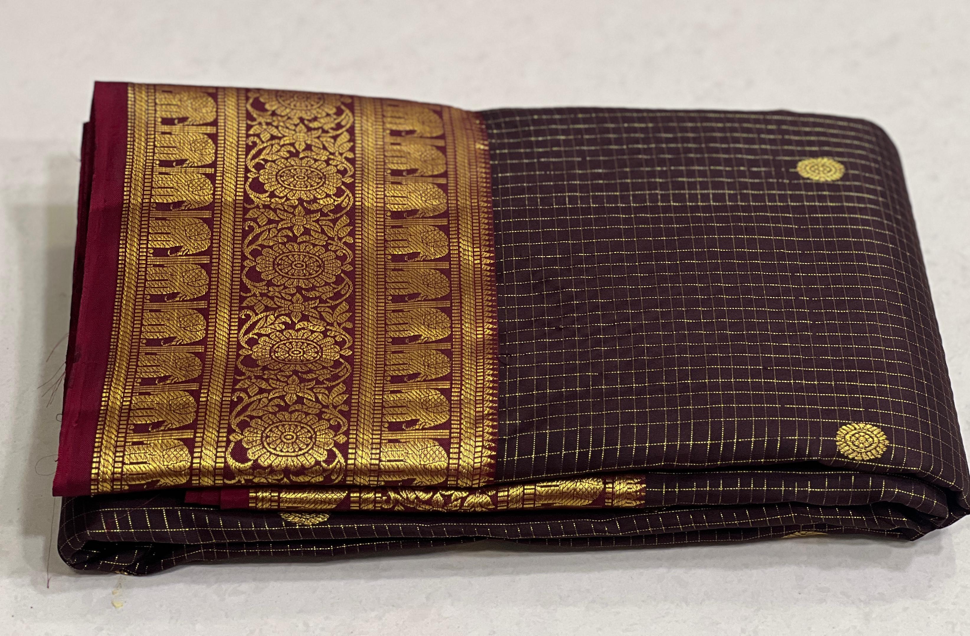 BROWN/MAROON  BORDER COMBITION PURE KANCHI SILK SAREE