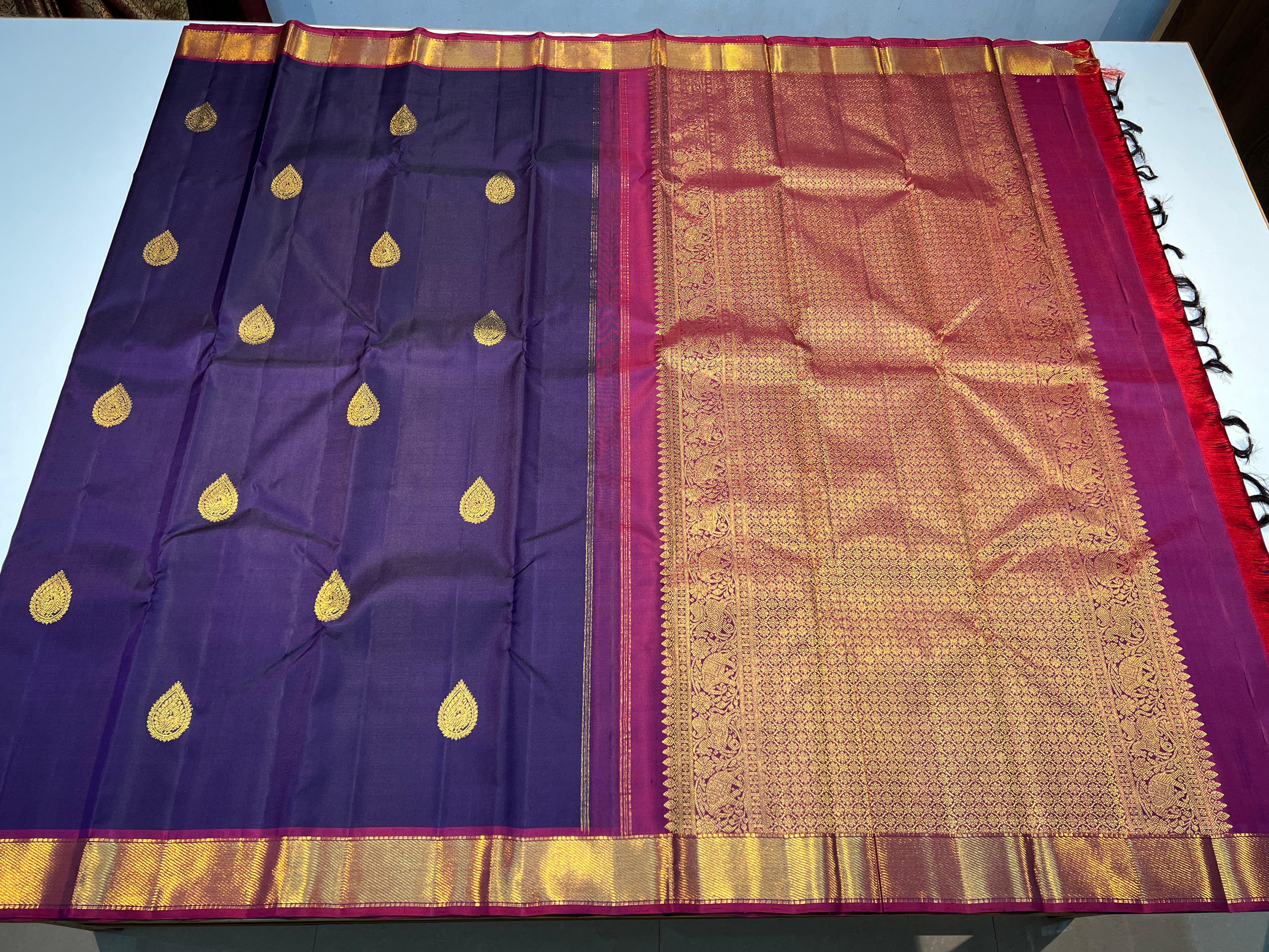 VOILET/MAGENTA PINK COLOUR  ZARI BORDER COMBITION PURE KANCHI SILK SAREE