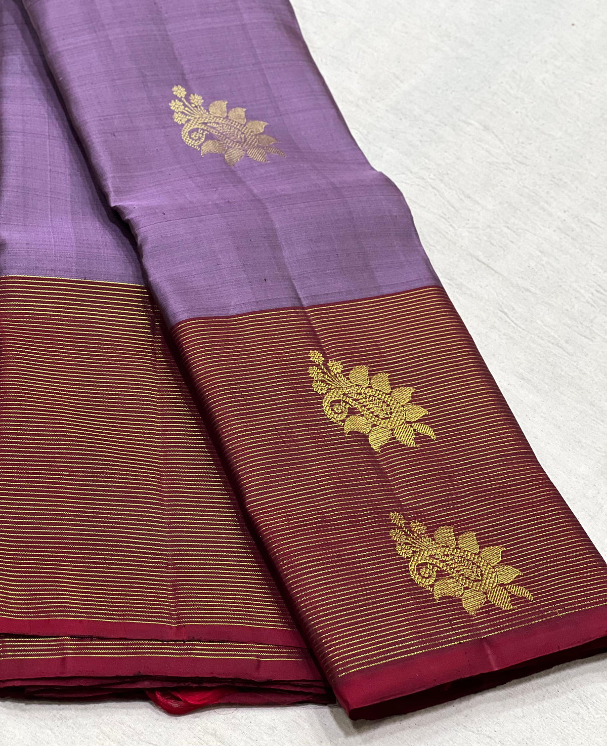 LAVENDER/MAROON BORDER COMBITION PURE KANCHI SILK SAREE