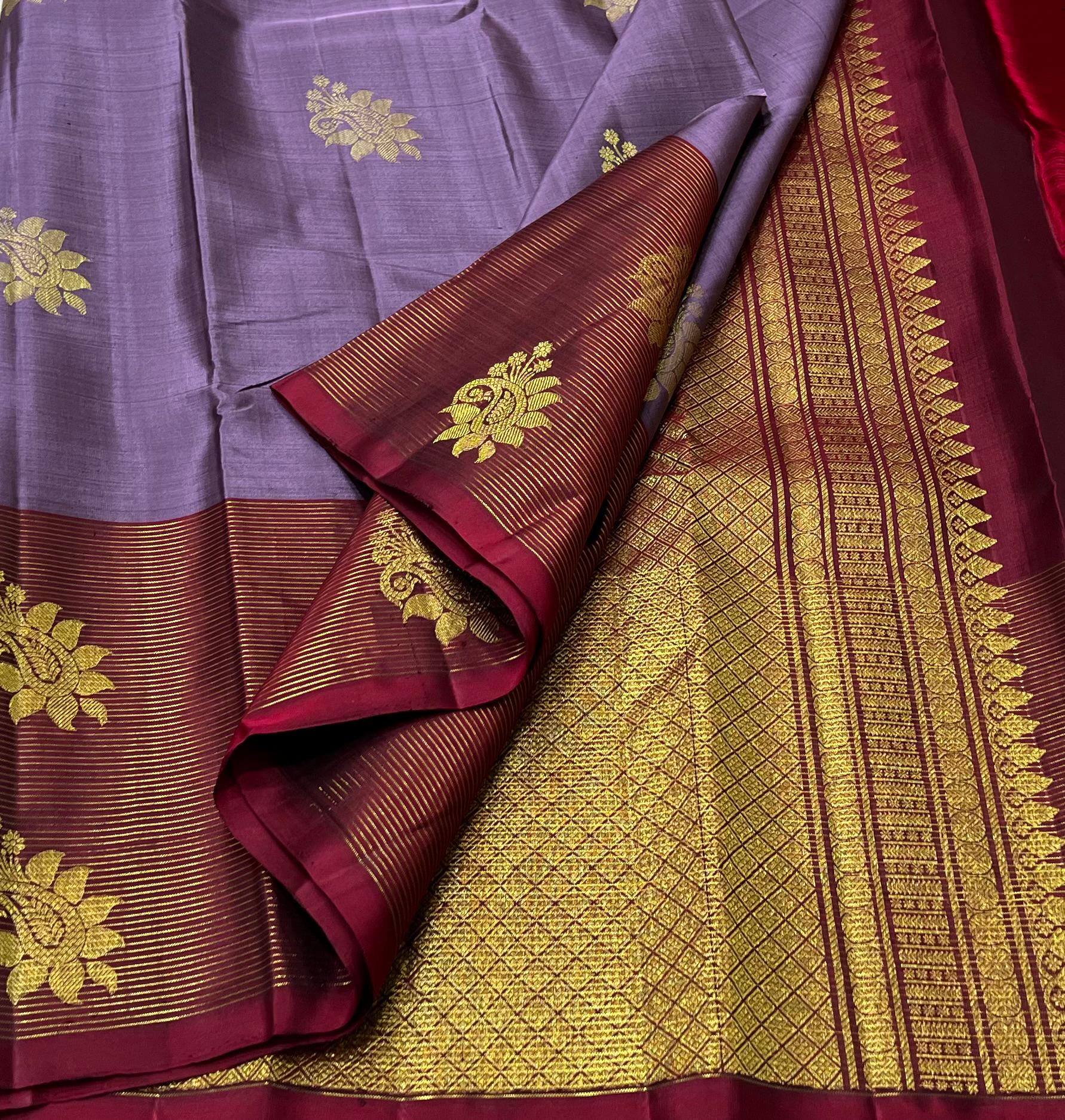 LAVENDER/MAROON BORDER COMBITION PURE KANCHI SILK SAREE