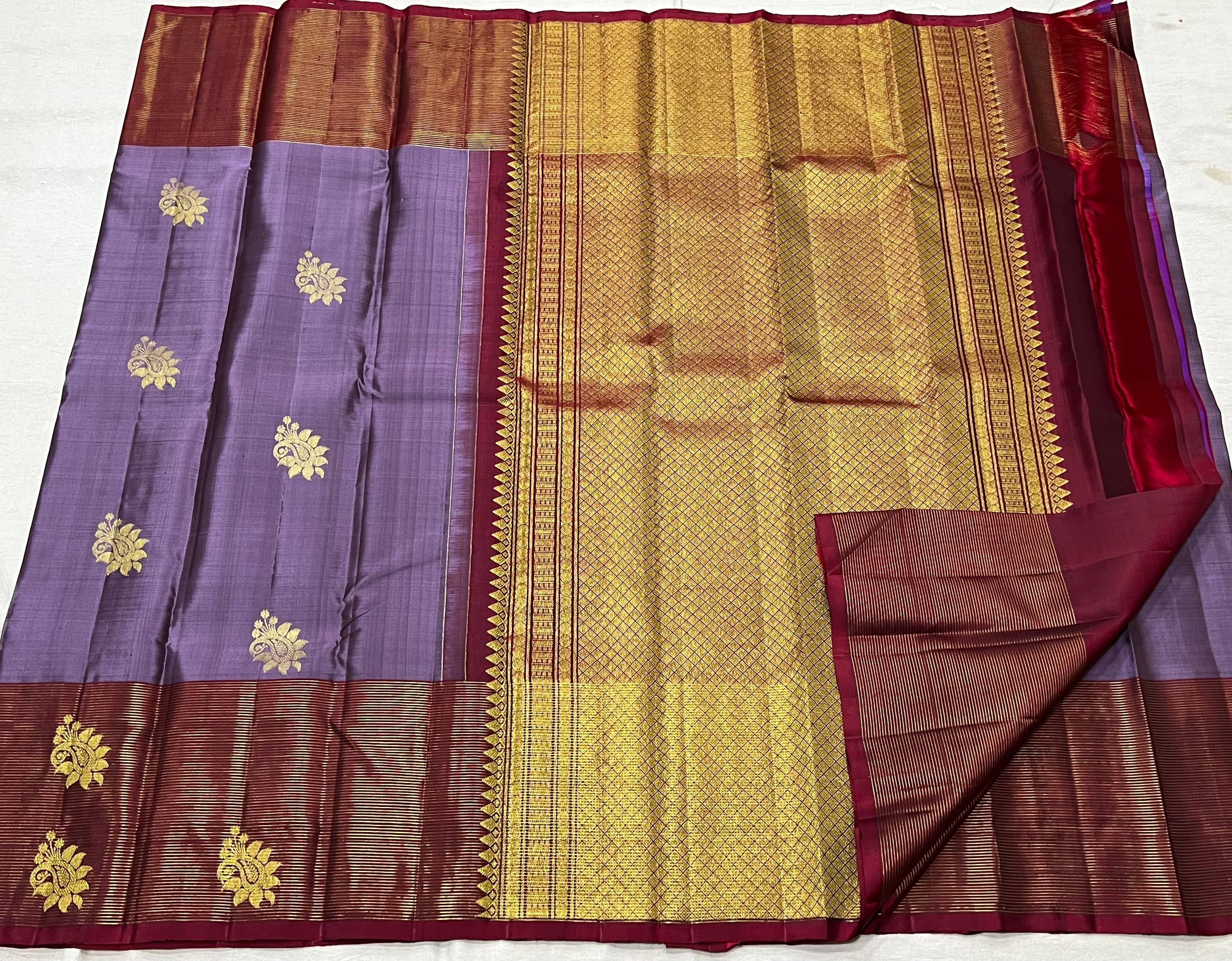 LAVENDER/MAROON BORDER COMBITION PURE KANCHI SILK SAREE