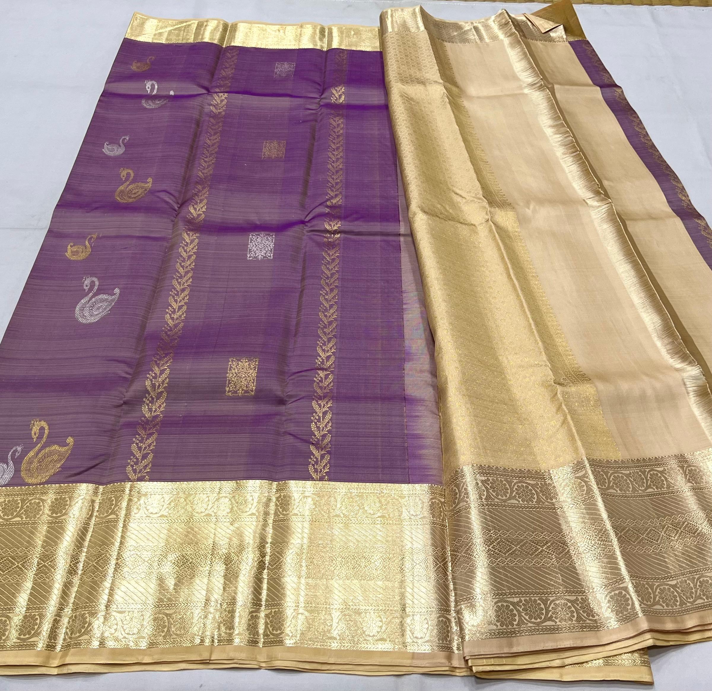 PURPL E/CREAM BORDER COMBITION PURE KANCHI SILK SAREE