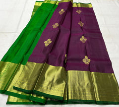 WINE/GREEN BORDER COMBITION PURE KANCHI SILK SAREE