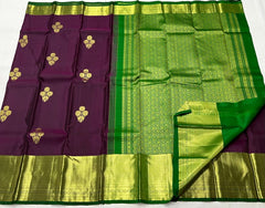 WINE/GREEN BORDER COMBITION PURE KANCHI SILK SAREE