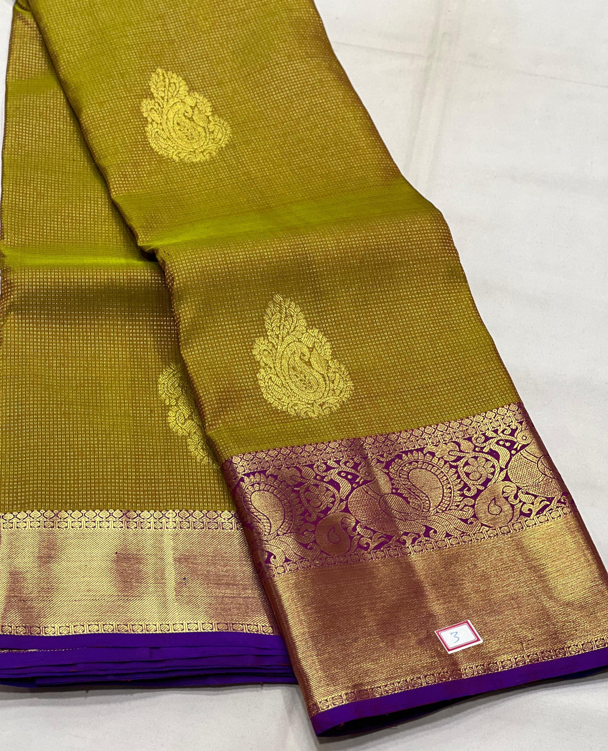 MUSTARD YELLOW/PURPLE BORDER COMBITION PURE KANCHI SILK SAREE