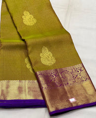 MUSTARD YELLOW/PURPLE BORDER COMBITION PURE KANCHI SILK SAREE