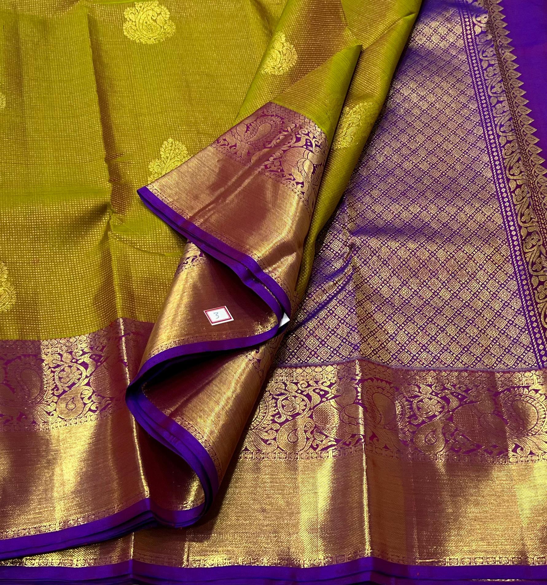 MUSTARD YELLOW/PURPLE BORDER COMBITION PURE KANCHI SILK SAREE