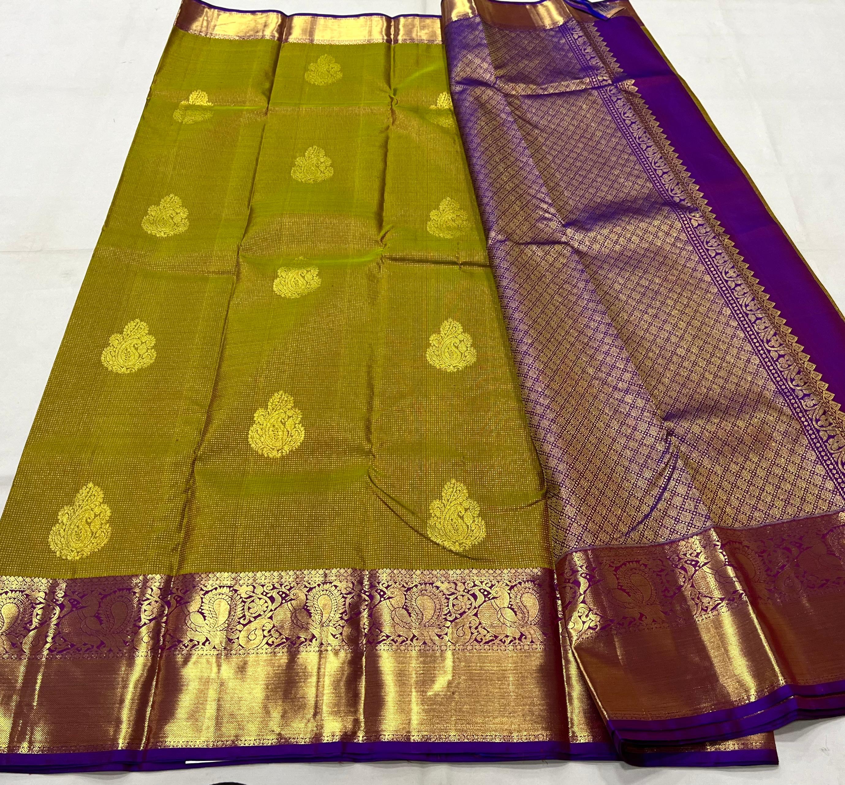 MUSTARD YELLOW/PURPLE BORDER COMBITION PURE KANCHI SILK SAREE