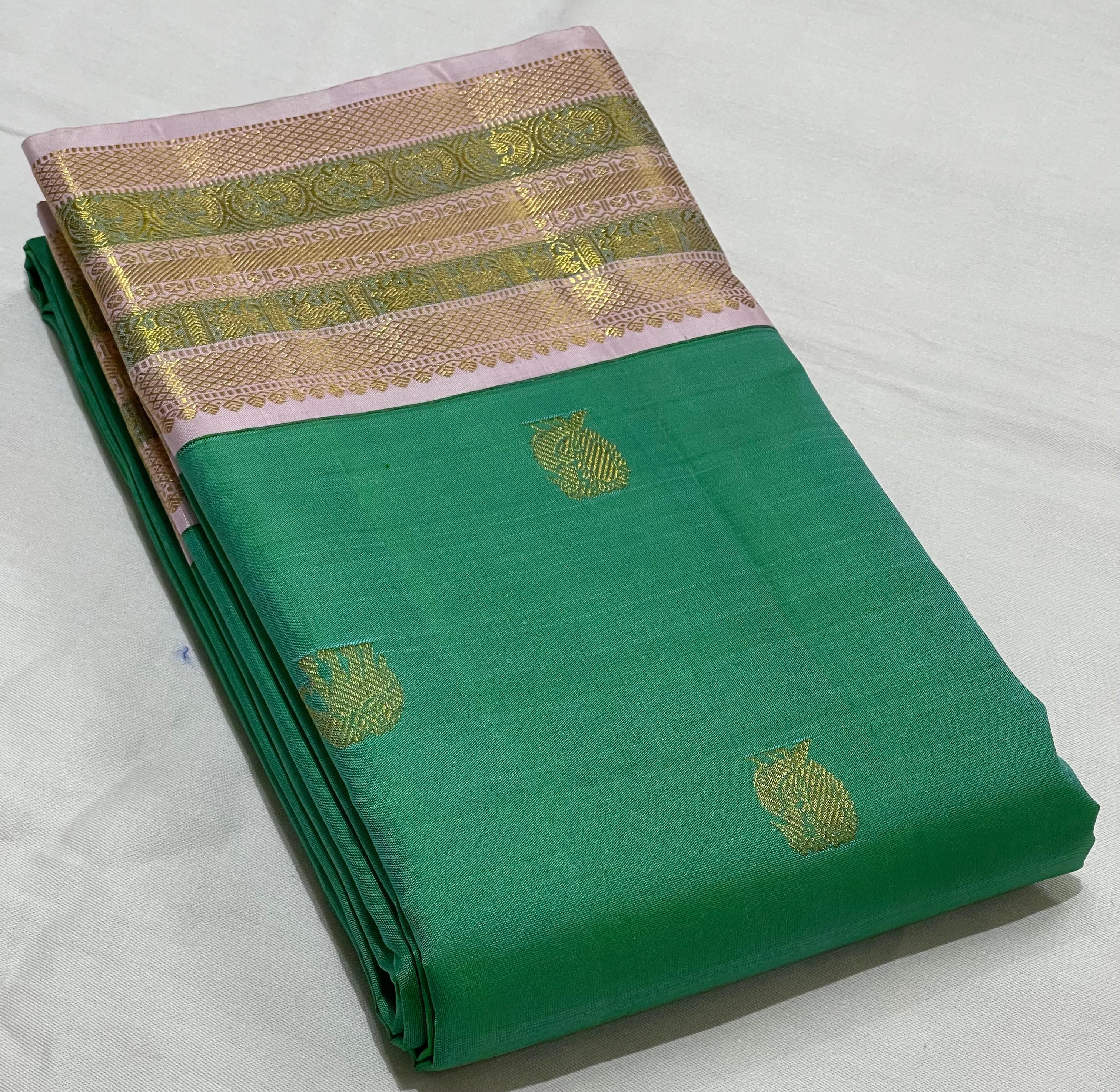 TORQUISE GREEN/LILAC BORDER COMBITION PURE KANCHI SILK SAREE