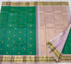 TORQUISE GREEN/LILAC BORDER COMBITION PURE KANCHI SILK SAREE