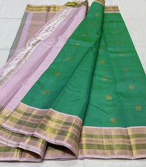 TORQUISE GREEN/LILAC BORDER COMBITION PURE KANCHI SILK SAREE