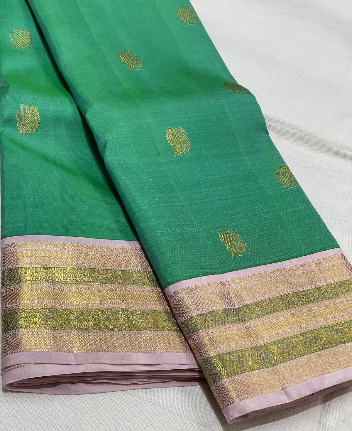 TORQUISE GREEN/LILAC BORDER COMBITION PURE KANCHI SILK SAREE