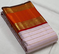 BABY PINK/ORANGISH RED  BORDER COMBITION PURE KANCHI SILK SAREE