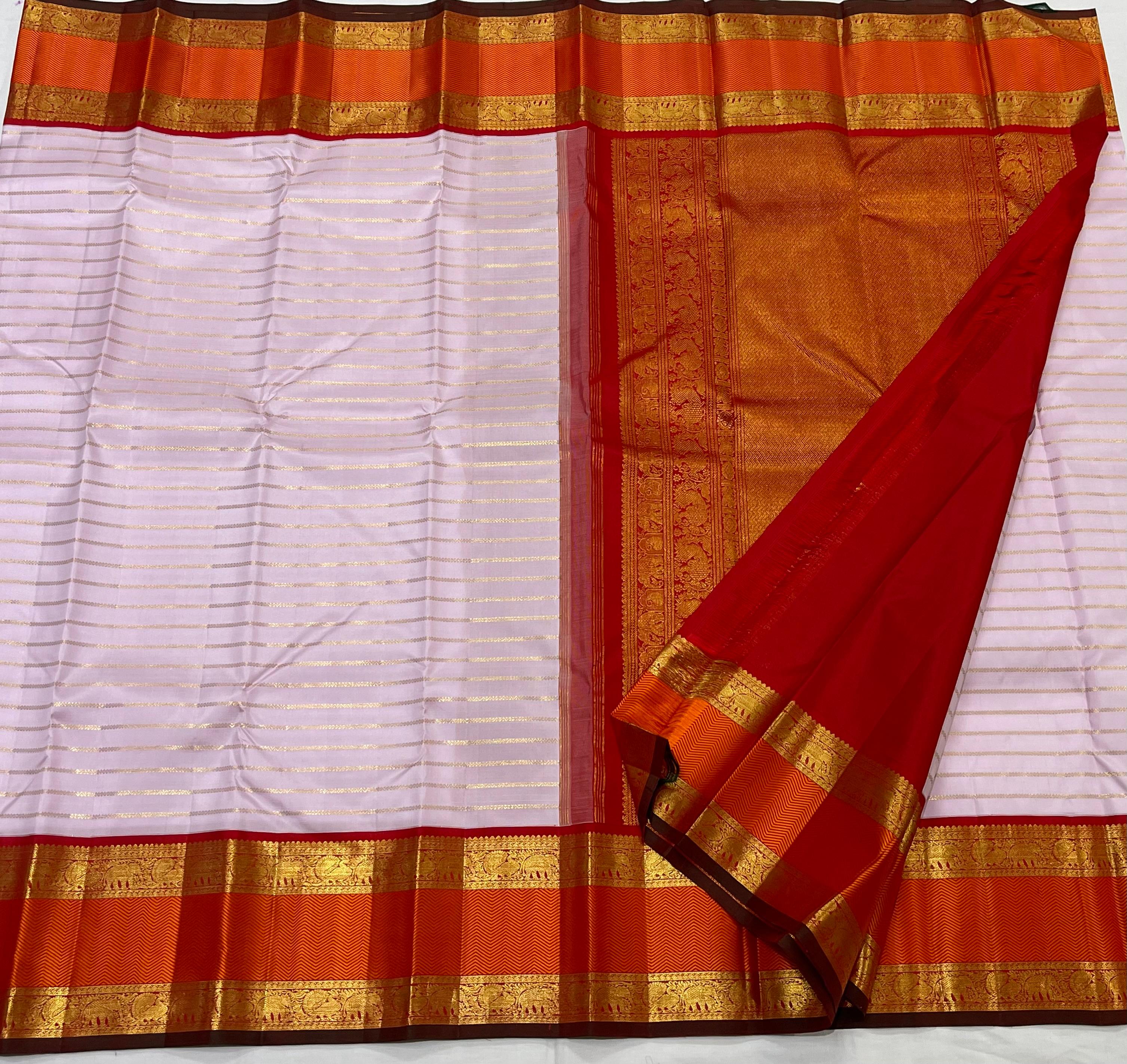 BABY PINK/ORANGISH RED  BORDER COMBITION PURE KANCHI SILK SAREE