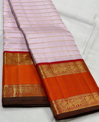 BABY PINK/ORANGISH RED  BORDER COMBITION PURE KANCHI SILK SAREE