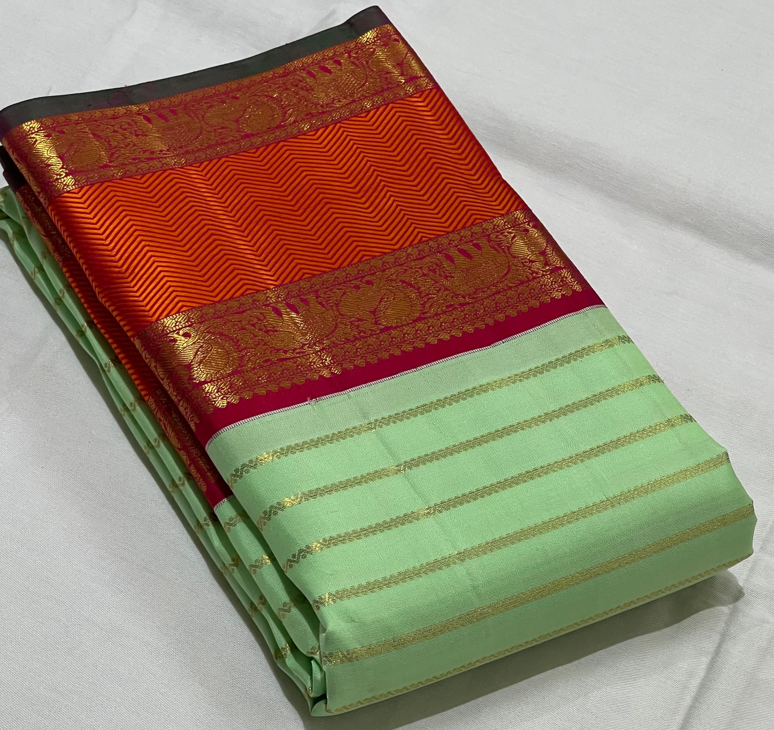 PISTA GREEN/ORANGISH RED  BORDER COMBITION PURE KANCHI SILK SAREE