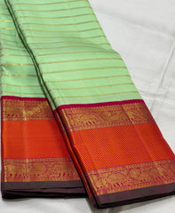 PISTA GREEN/ORANGISH RED  BORDER COMBITION PURE KANCHI SILK SAREE