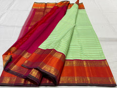 PISTA GREEN/ORANGISH RED  BORDER COMBITION PURE KANCHI SILK SAREE