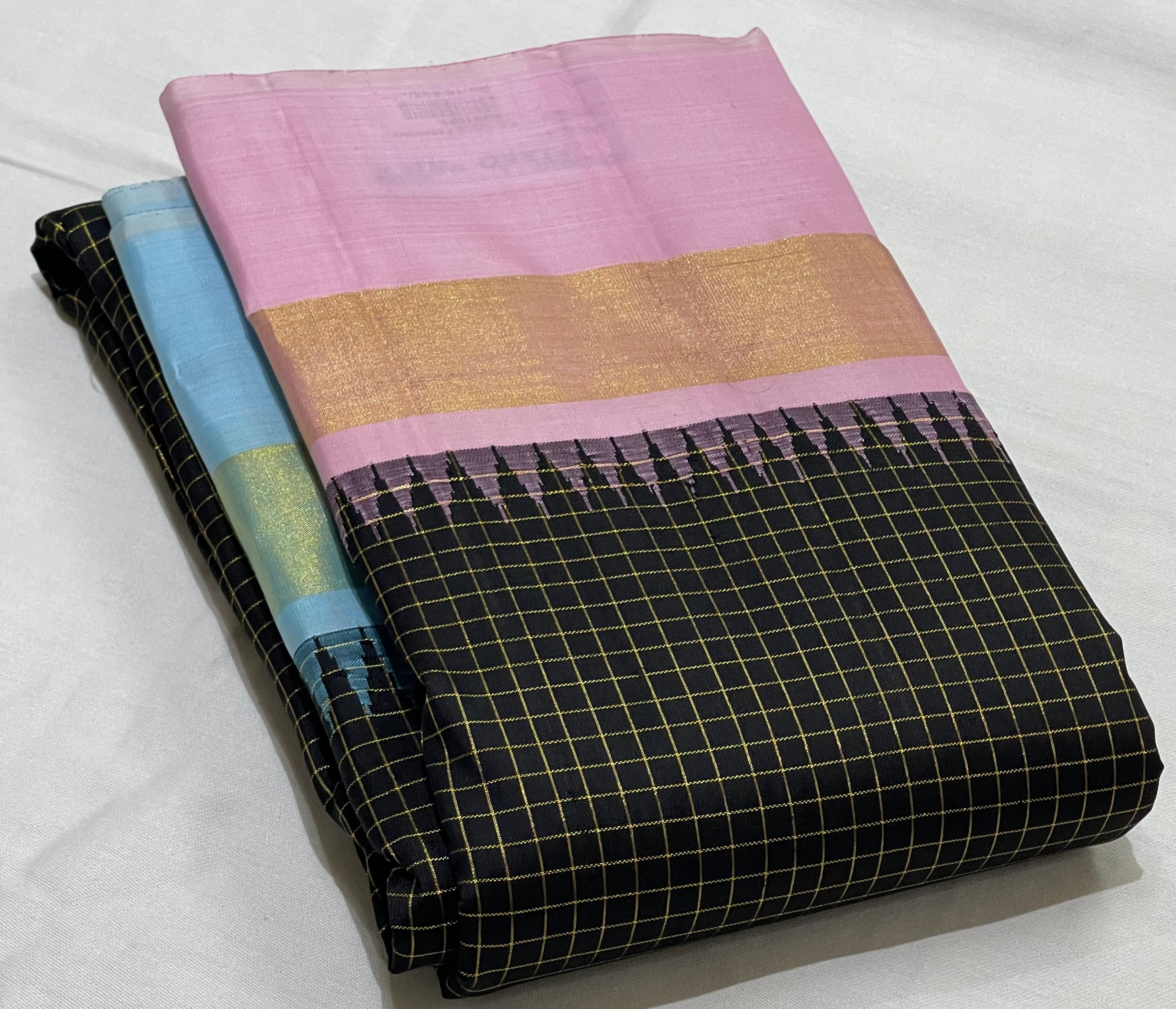 BLACK/PINK/SKY BLUE  BORDER COMBITION PURE KANCHI SILK SAREE